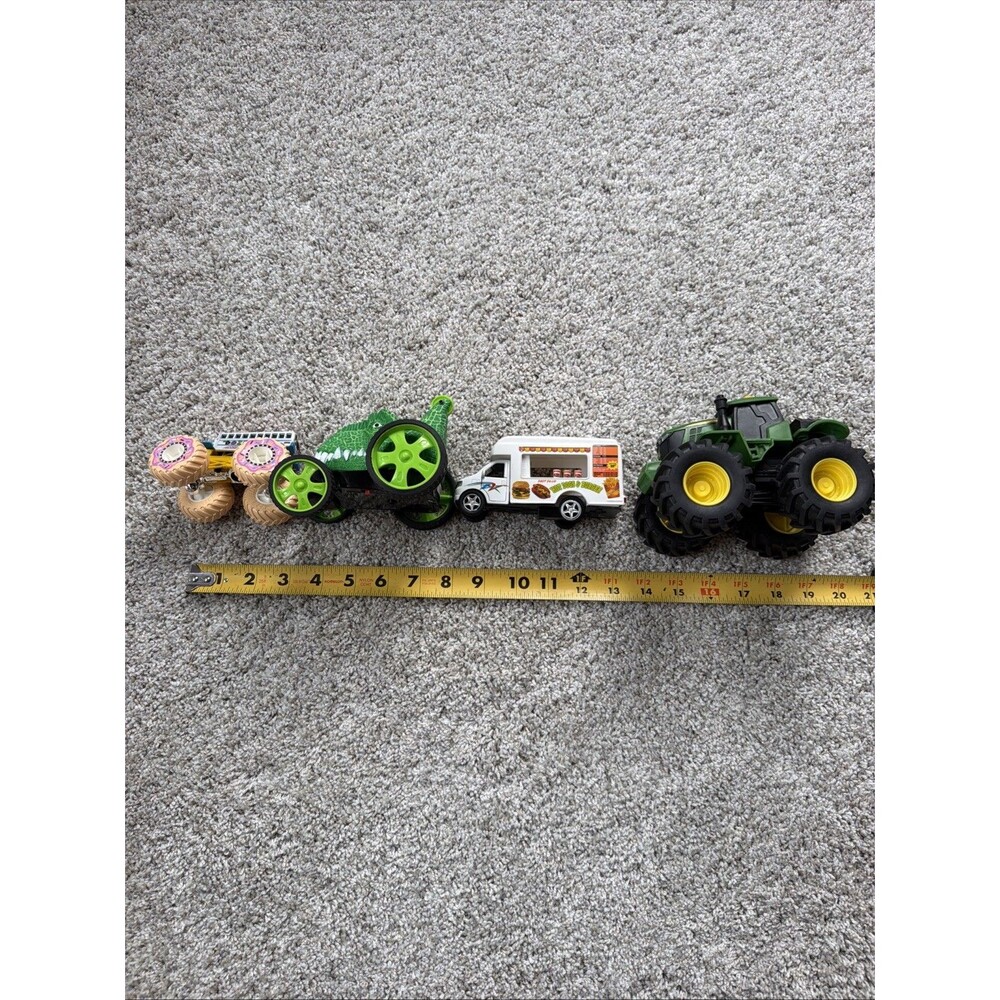 Lot Of 4 Toy Cars Hot Wheels Donut Car John Deere Tractor Hot Dog Truck Dinosaur